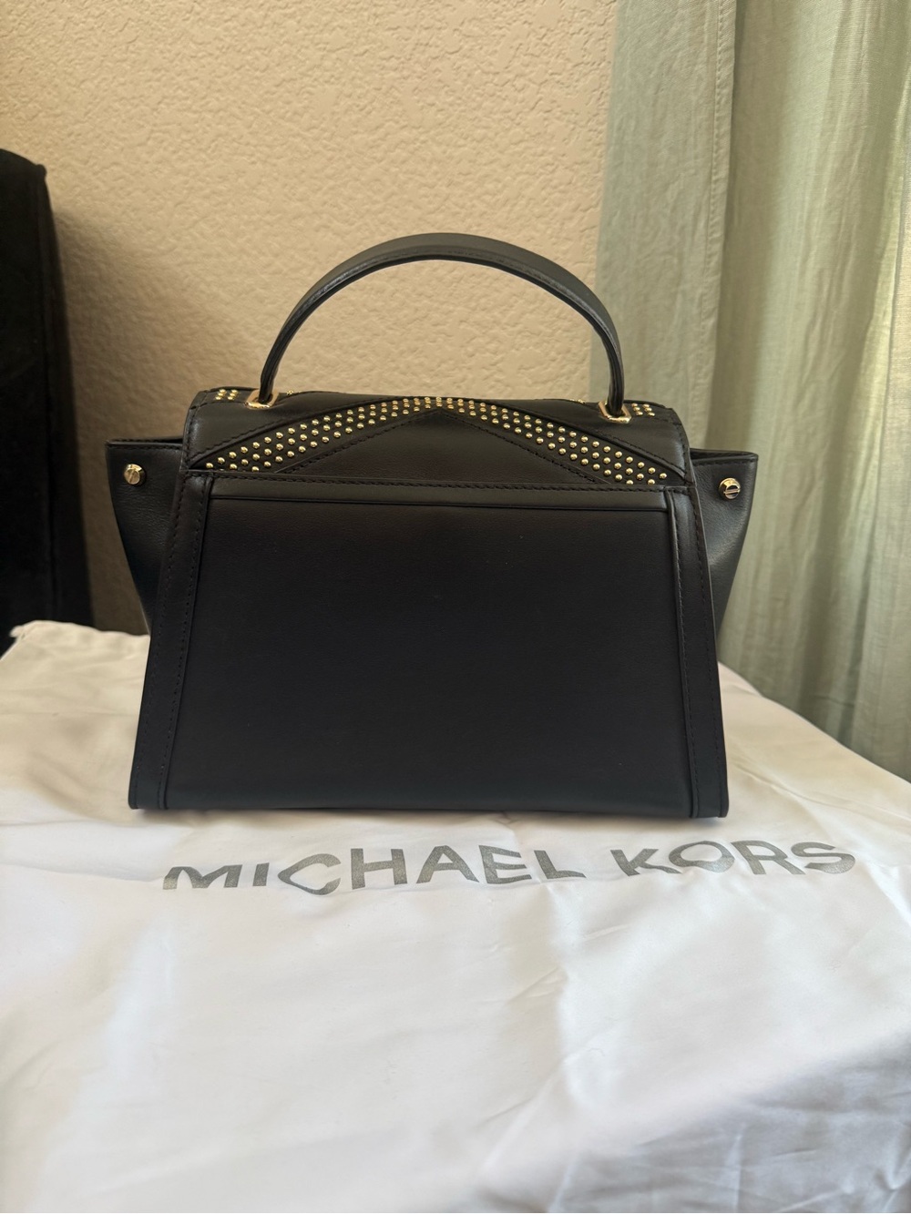Michael Kors Black Leather Satchel with Gold Stud Accents - Picture 2 of 6
